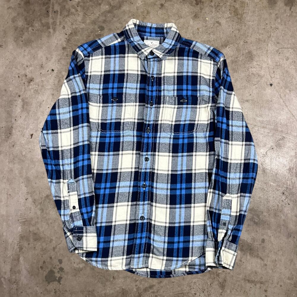 American Eagle AEO Heritage Plaid Flannel Shirt Classic Fit Blue White Mens S